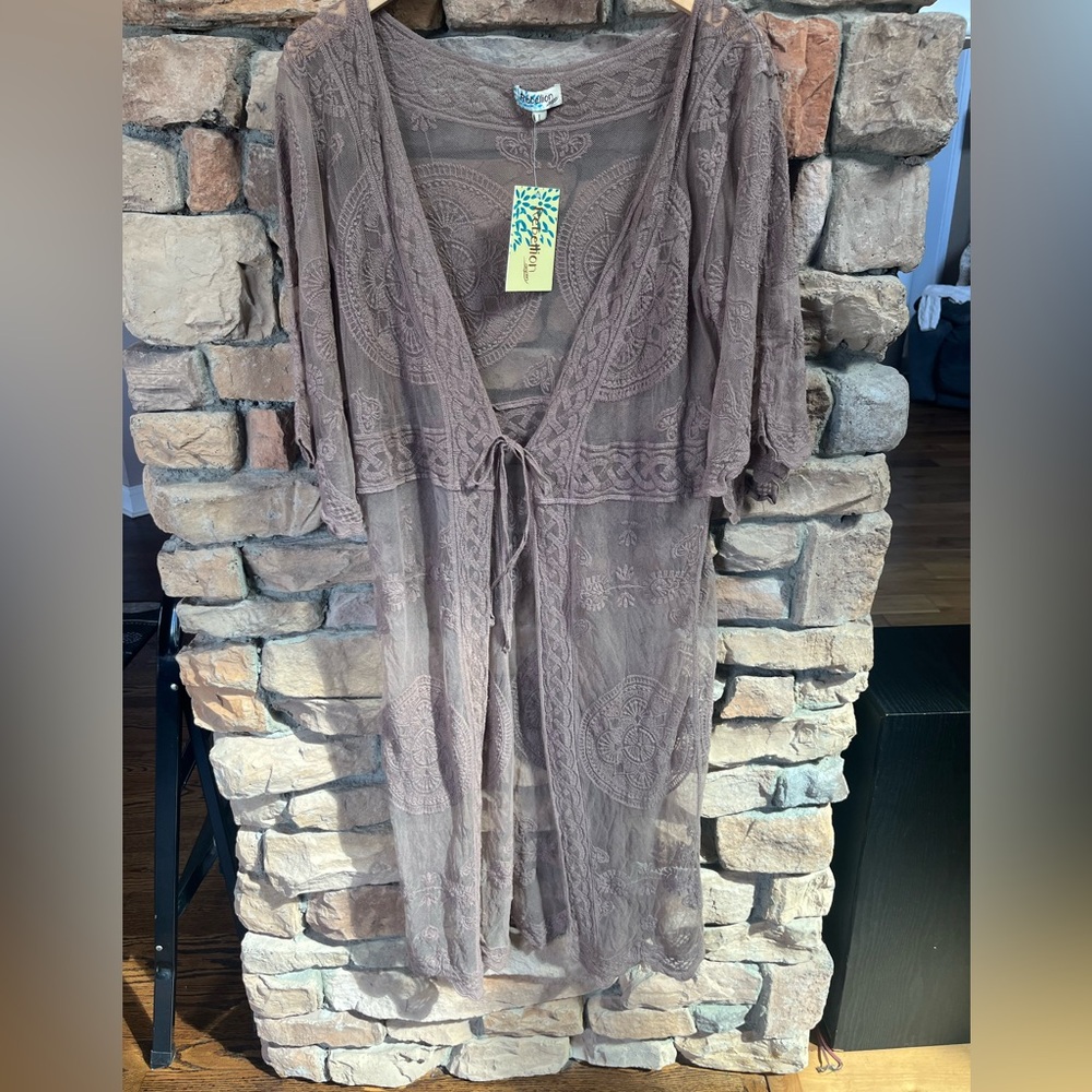 Brown Sheer Lace Cover-Up with Tie Front